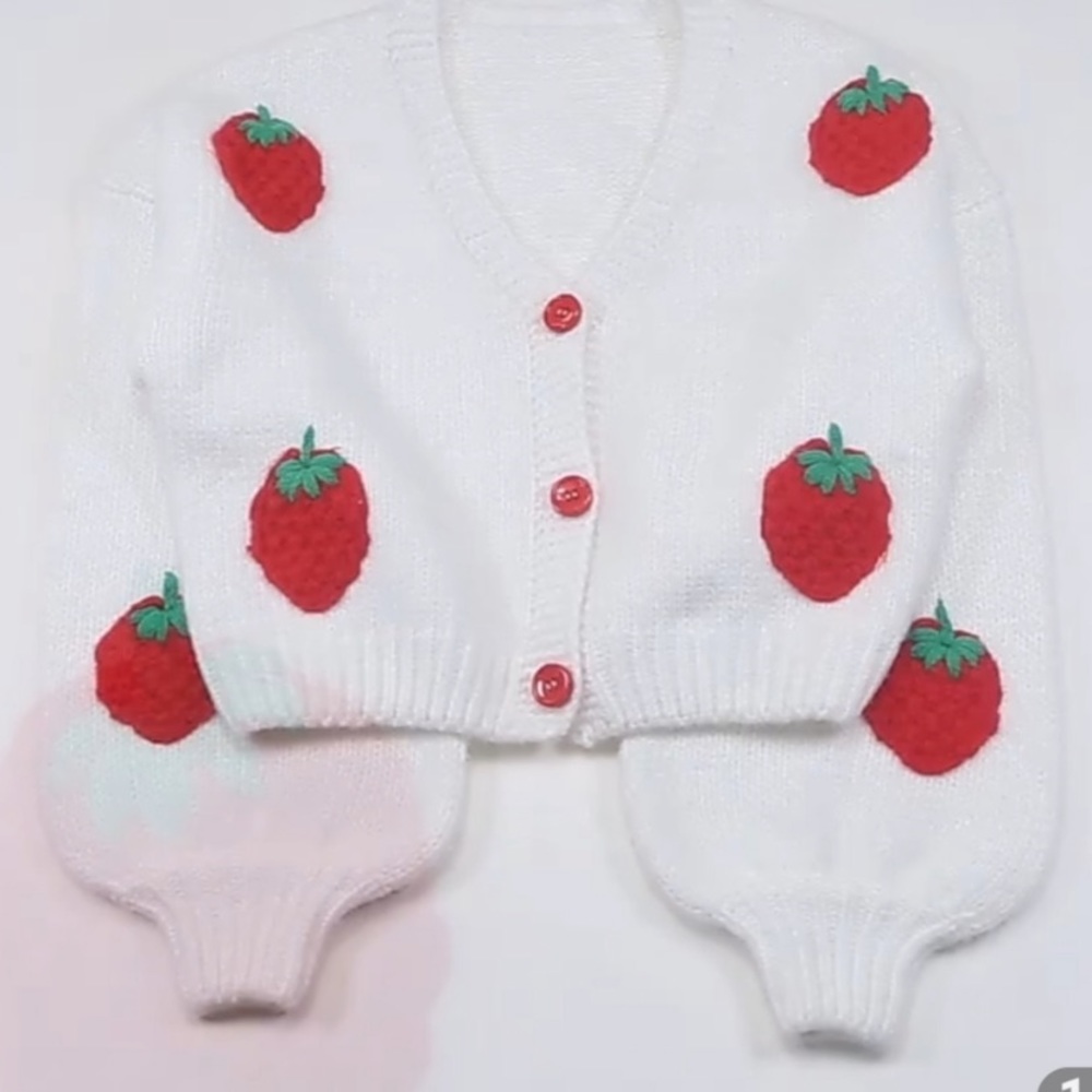 16-trendy y2k red and white Strawberry Sweater  cardigan boho chic fruit print - Picture 10 of 10